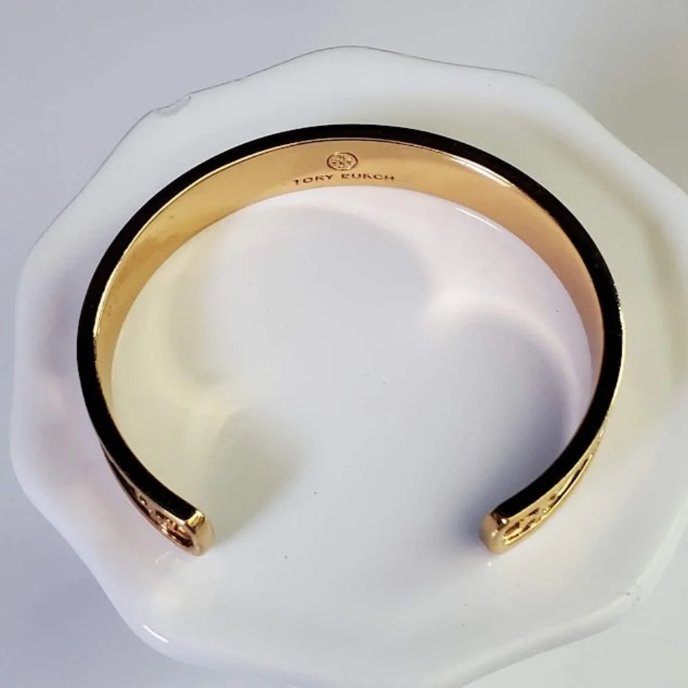 TORY BURCH Raised Logo Cuff Bracelet Gold Tone Double T Designer Classic